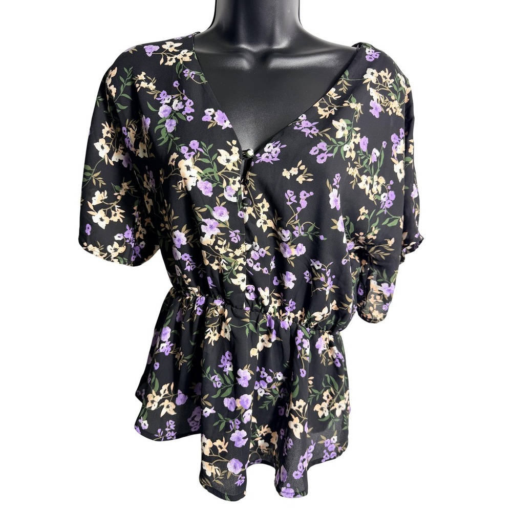 Sienna Sky Blouse Womens Small Black Floral V Neck Elastic Waist Peplum Top